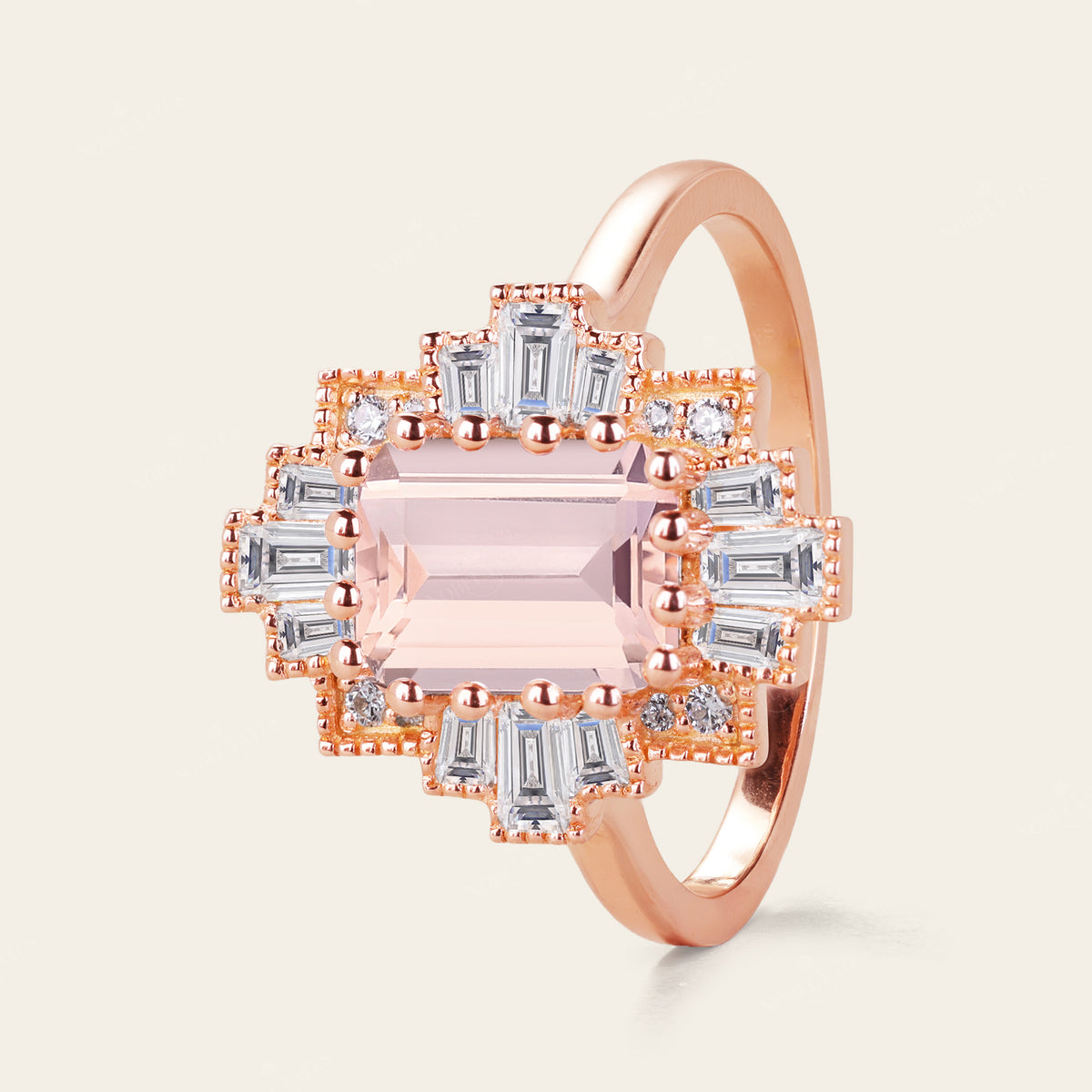 Emerald Cut Pink Morganite Art Deco Starburst Engagement Ring