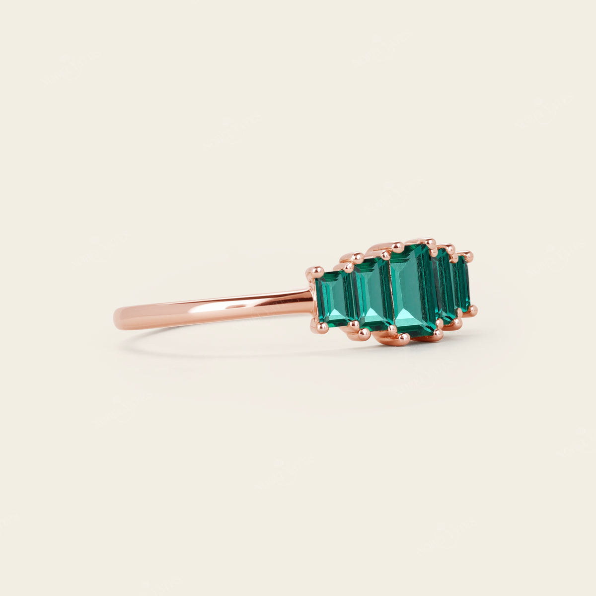 Art Deco Baguette Lab Emerald Rose Gold Five Stone Wedding Band