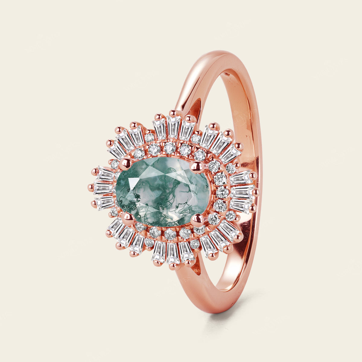 Art Deco Oval Moss Agate Halo Engagement Ring Rose Gold