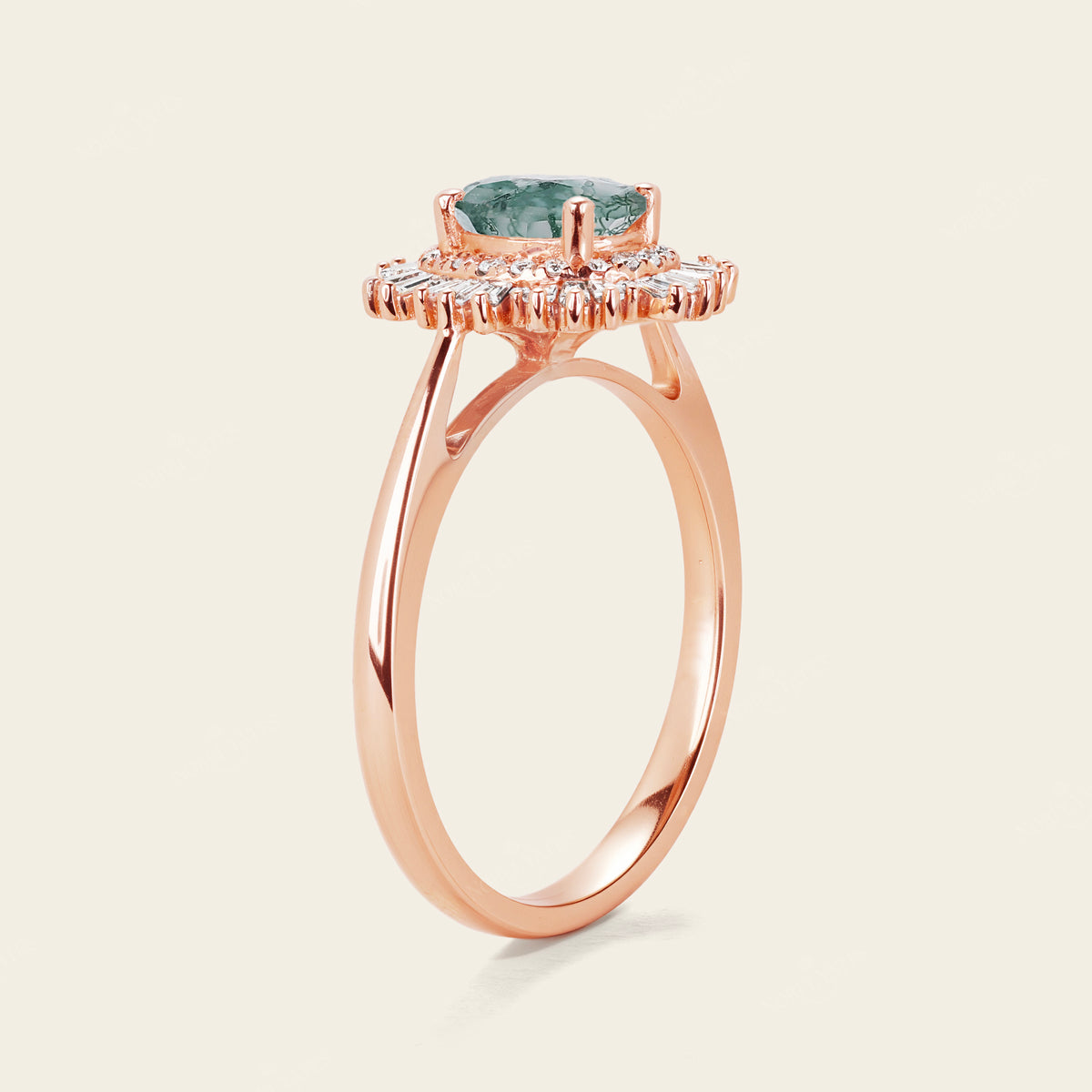 Art Deco Oval Moss Agate Halo Engagement Ring Rose Gold