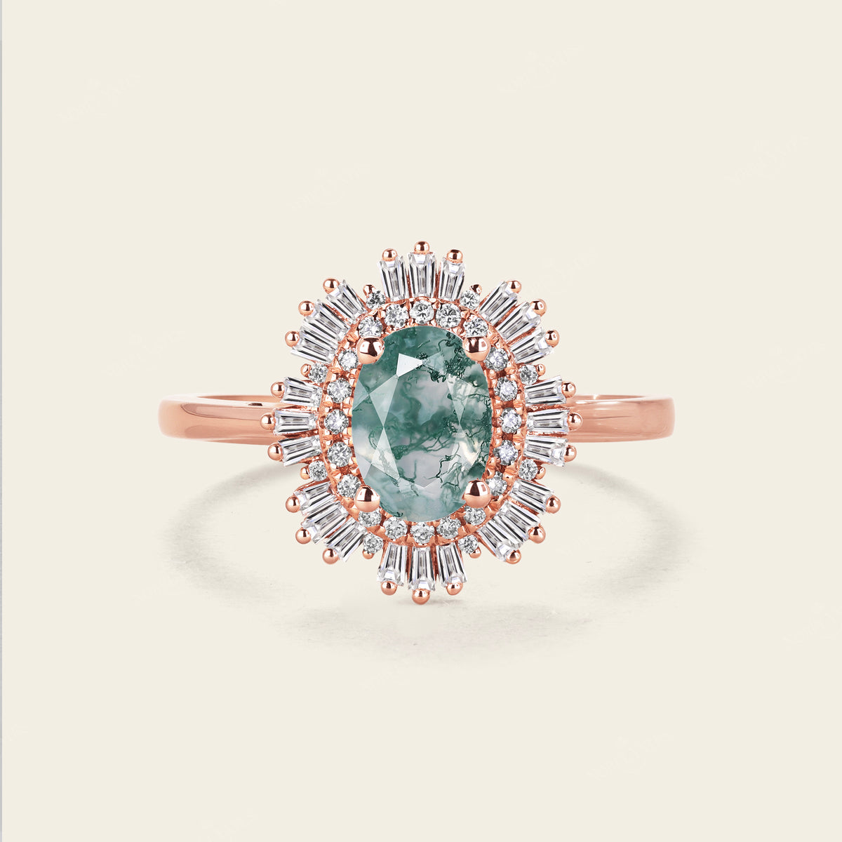 Art Deco Oval Moss Agate Halo Engagement Ring Rose Gold