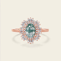 Art Deco Oval Moss Agate Halo Engagement Ring Rose Gold