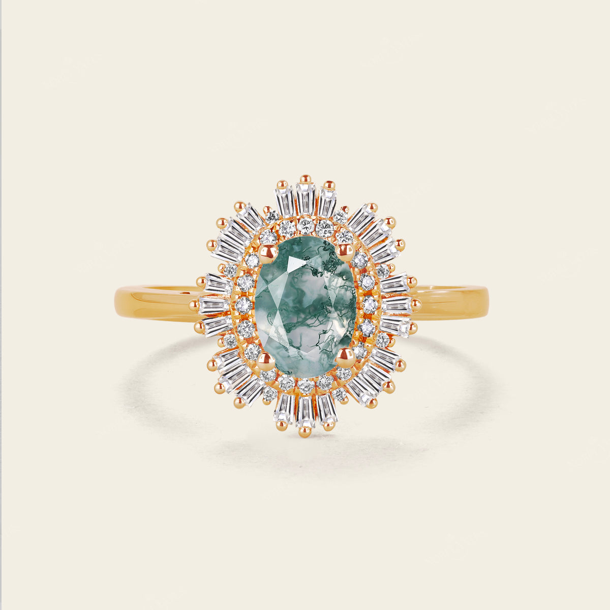 Art Deco Oval Moss Agate Halo Engagement Ring Rose Gold