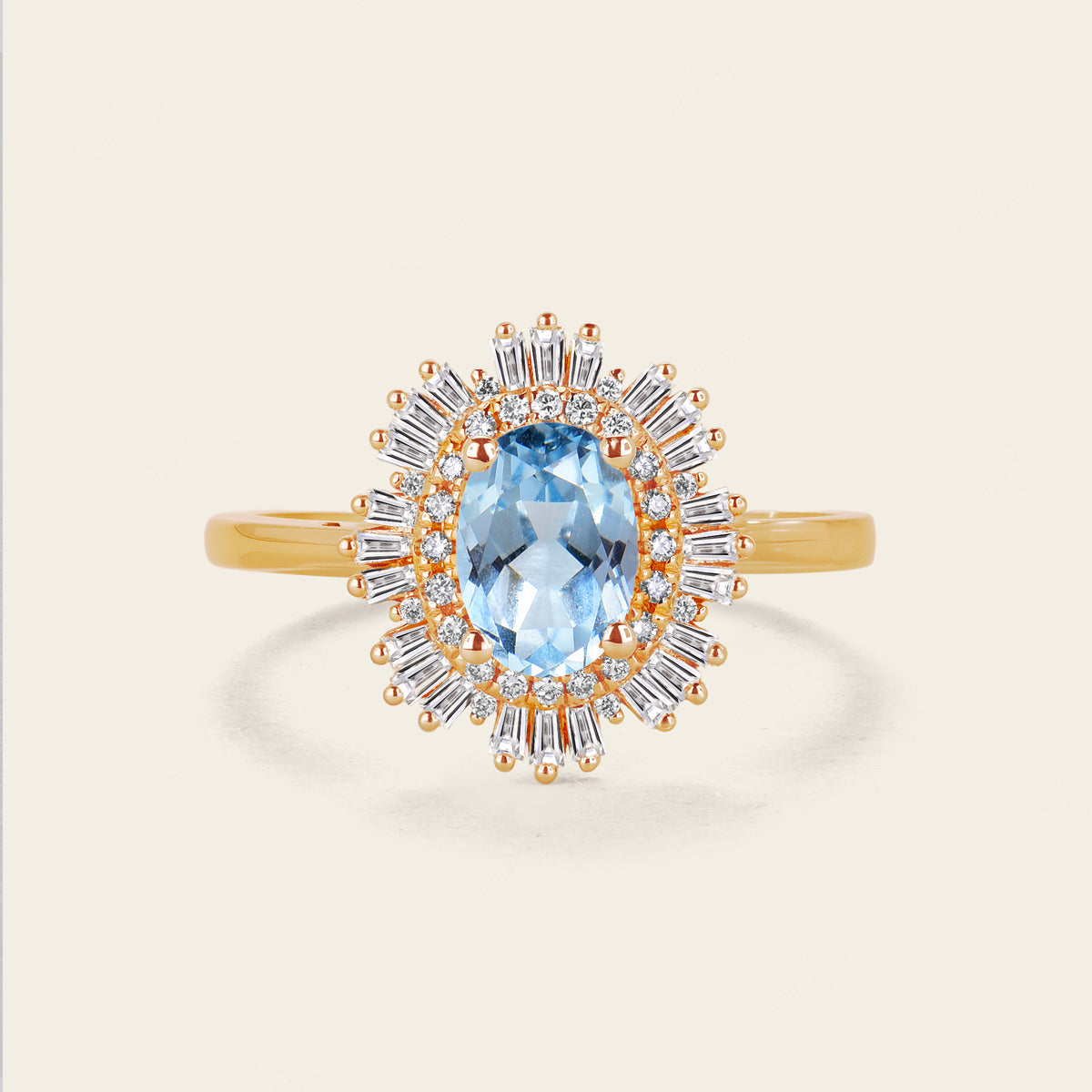 Art deco Oval Aquamarine Halo Engagement Ring Yellow Gold