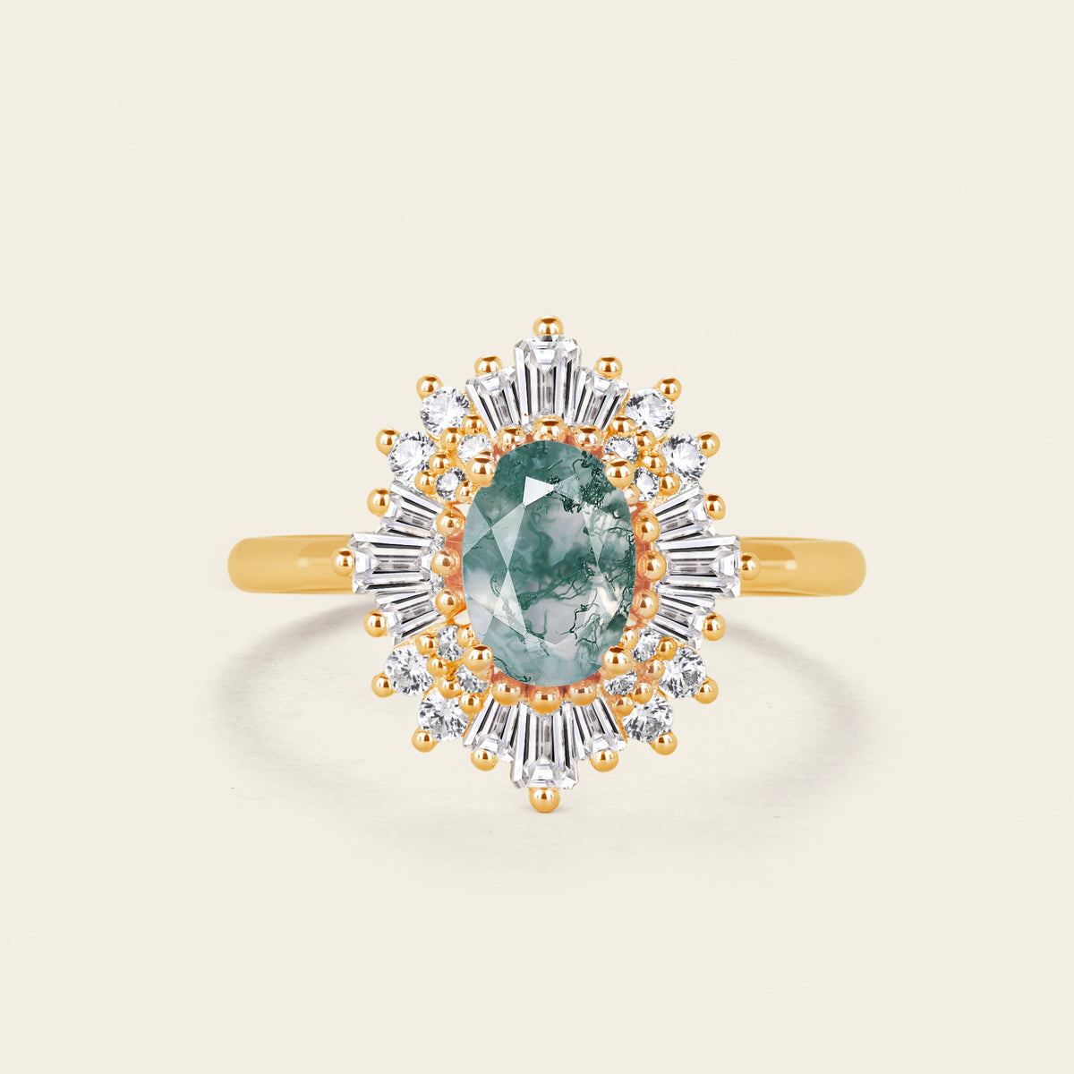 Art deco Oval Moss Agate Halo Engagement Ring Yellow Gold