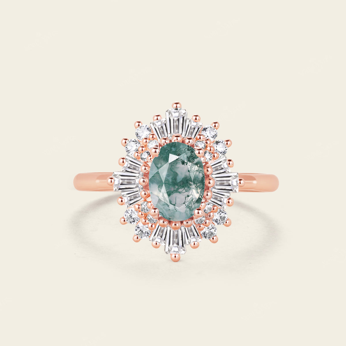 Art deco Oval Moss Agate Halo Engagement Ring Yellow Gold