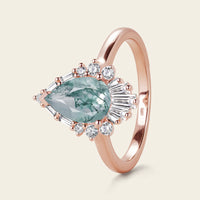 Pear Shape Moss Agate Engagement Ring Art deco Halo Rose Gold