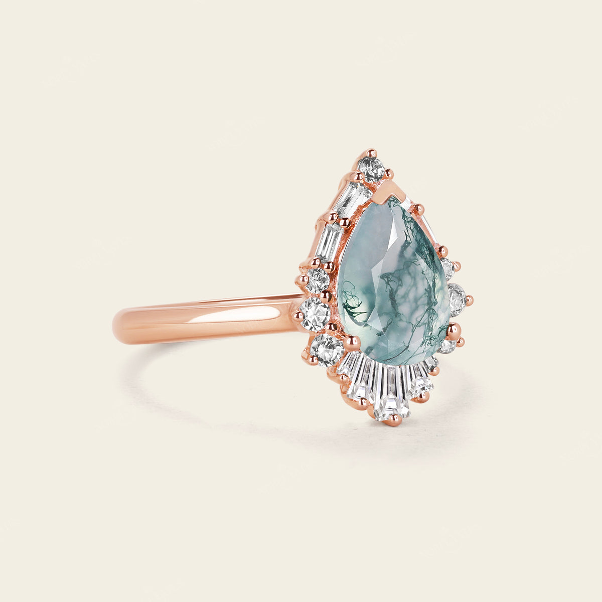 Pear Shape Moss Agate Engagement Ring Art deco Halo Rose Gold