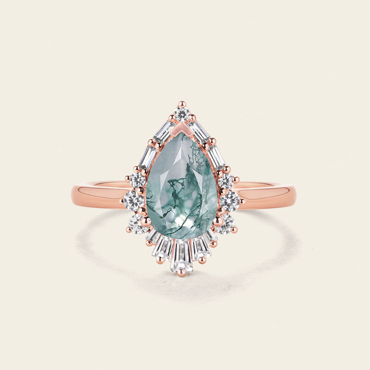 Pear Shape Moss Agate Engagement Ring Art deco Halo Rose Gold