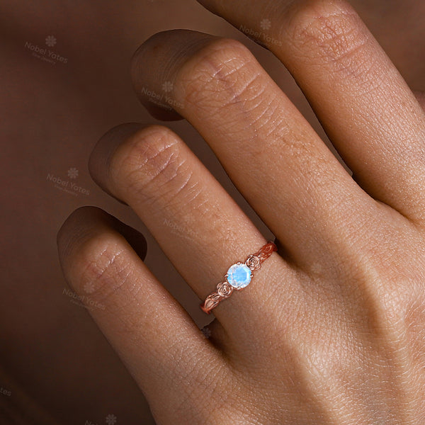 Round Blue Moonstone Solitaire Engagement Ring Floral
