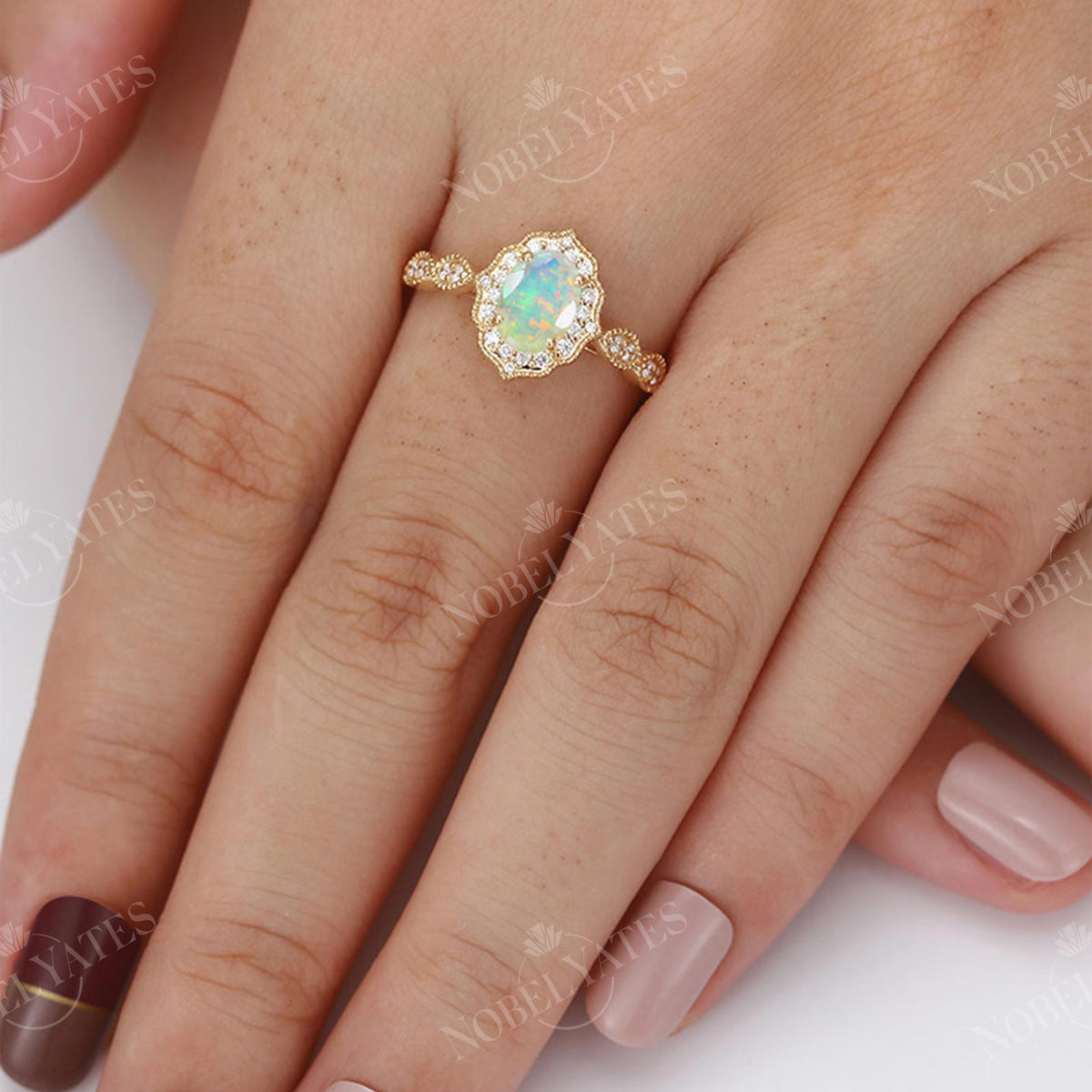 Oval Faceted Opal Milgrain Halo Bridal Set Yellow Gold