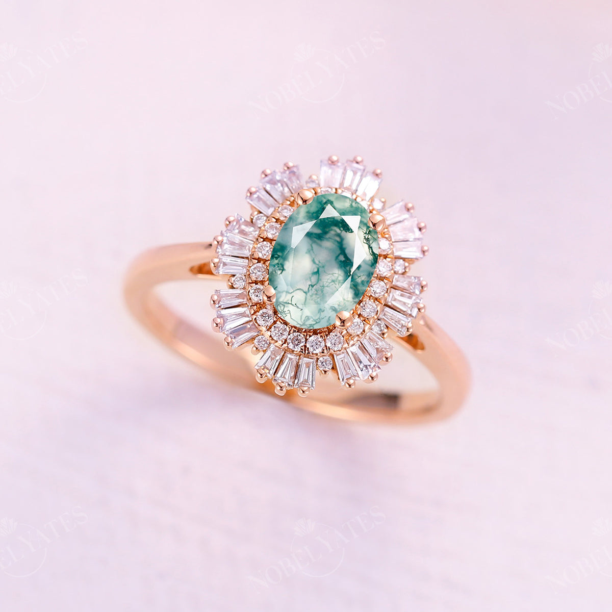 Art Deco Oval Moss Agate Halo Engagement Ring Rose Gold