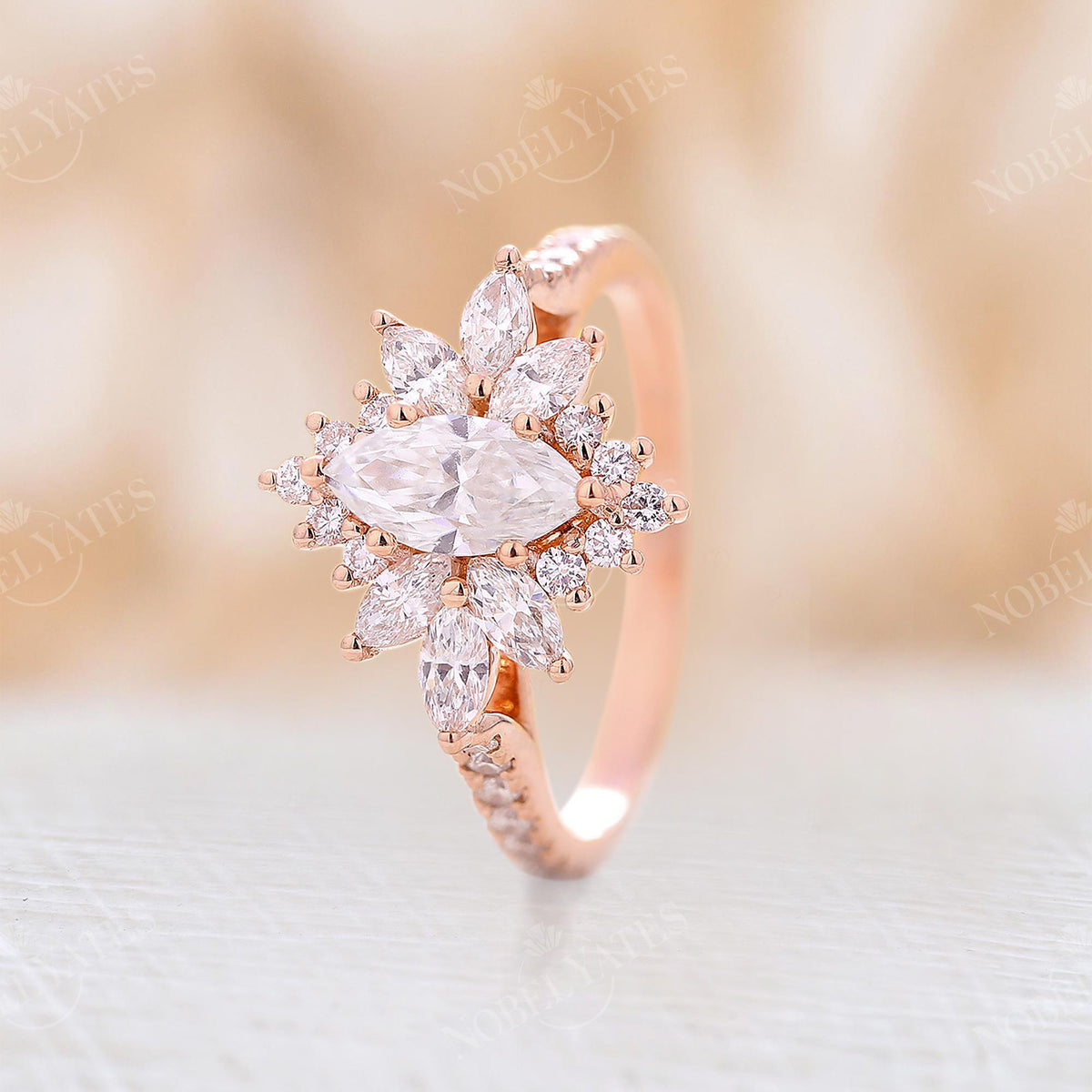 Vintage Marquise Moissanite Halo Engagement Ring Rose Gold