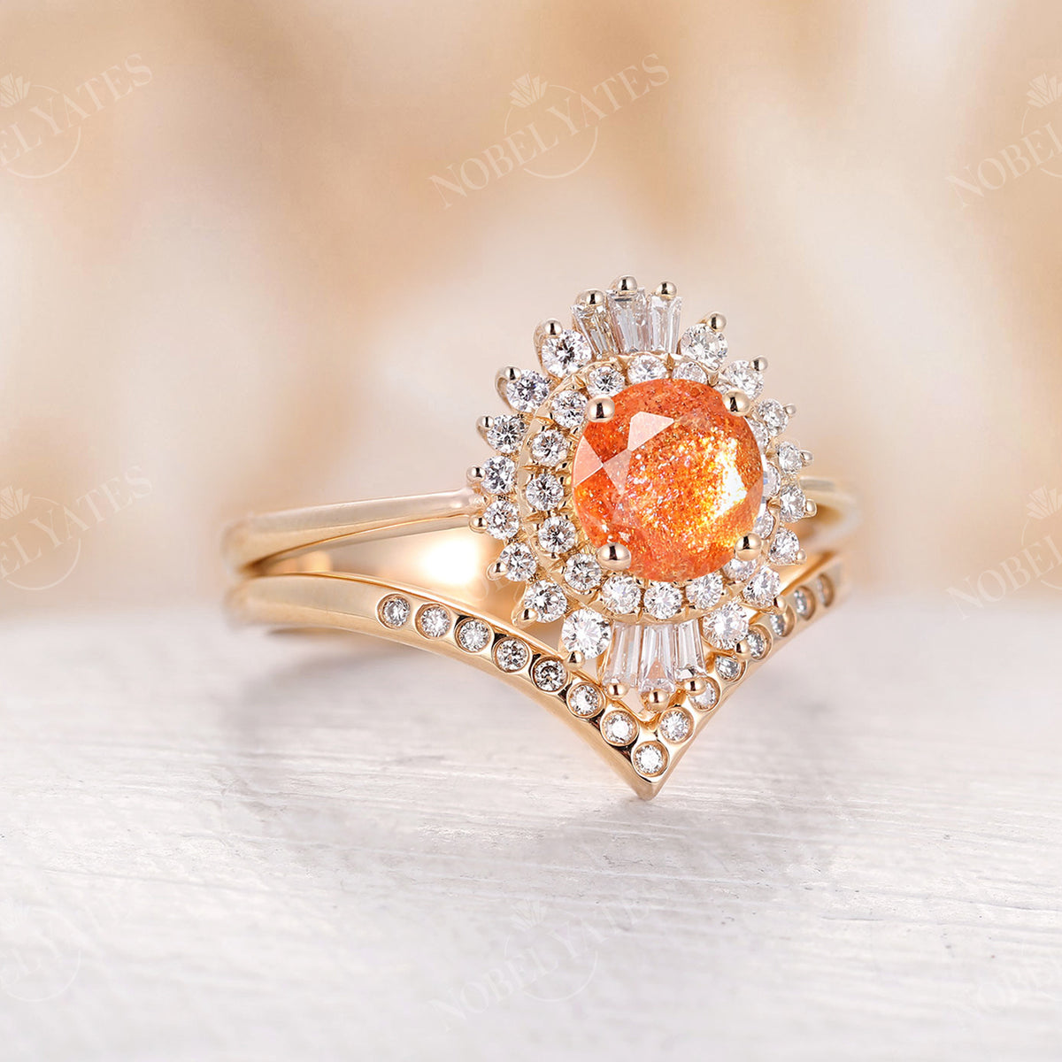 Art Deco Round African Sunstone Halo Engagement Ring Set Yellow Gold