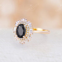 Art Deco Oval Black Onyx Engagement Ring Unique Baguette Double Halo