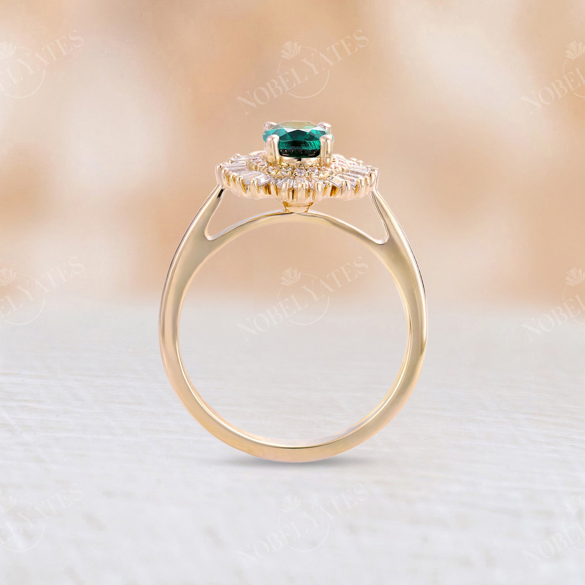 Oval Lab Emerald Art deco Double Halo Yellow Gold Engagement Ring