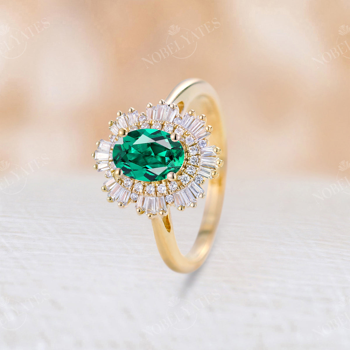 Oval Lab Emerald Art deco Double Halo Yellow Gold Engagement Ring