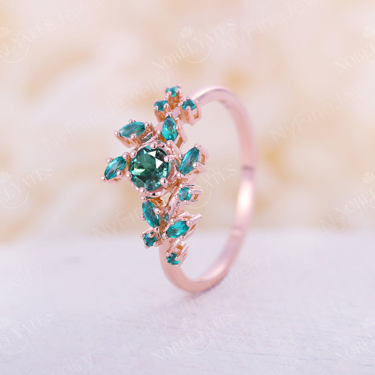 Nature Inspired Lab Alexandrite & Emerald Leaf Engagement Ring Rose Gold
