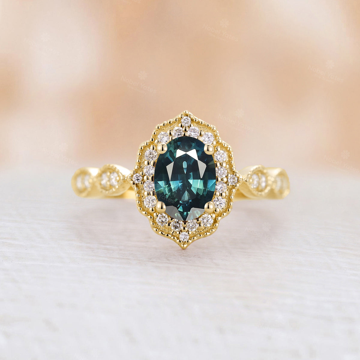 Rose Gold Teal Sapphire Vintage Milgrain Engagement Ring Diamond Halo