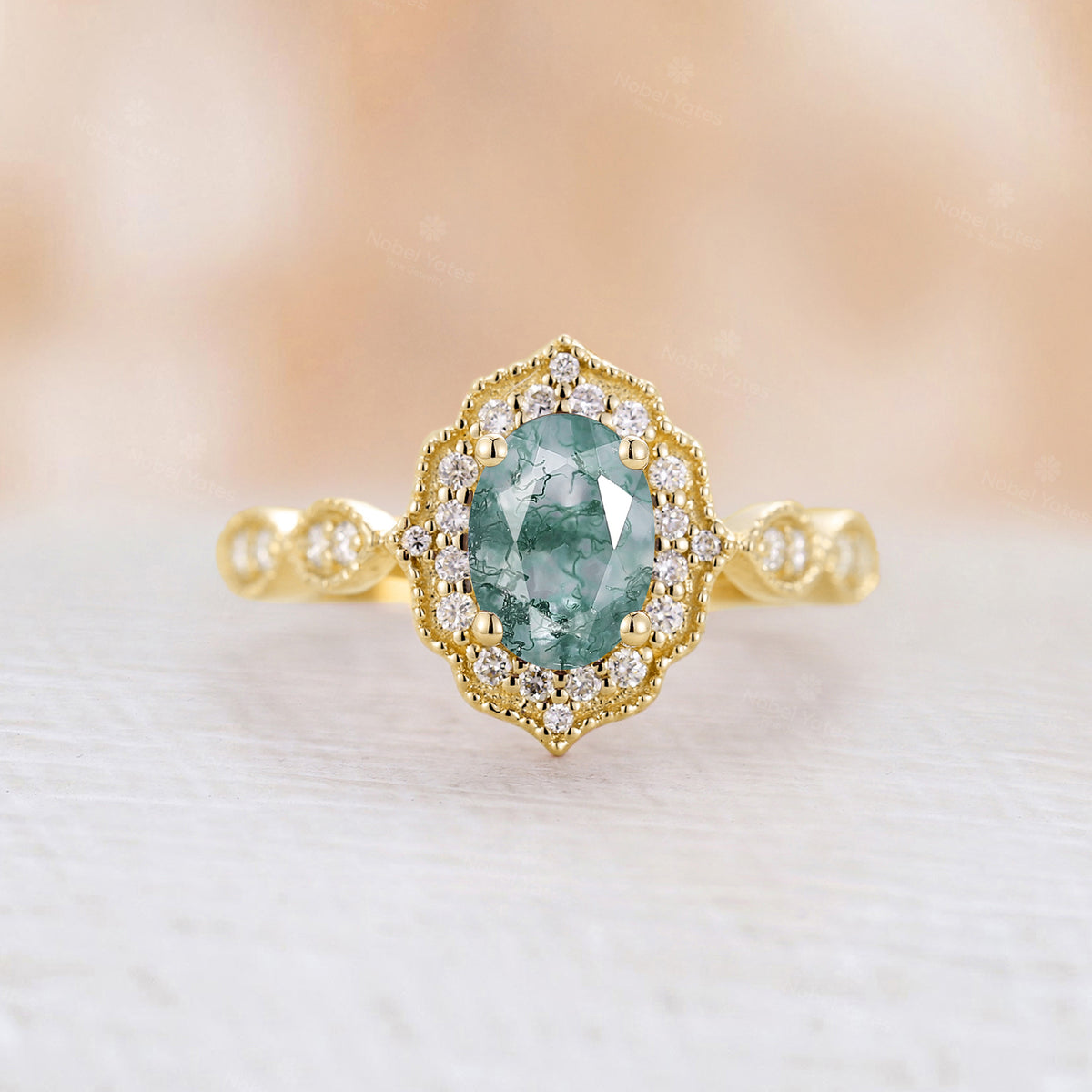 Oval Cut Vintage Moss Agate Milgrain Engagement Ring Diamond Halo Yellow Gold