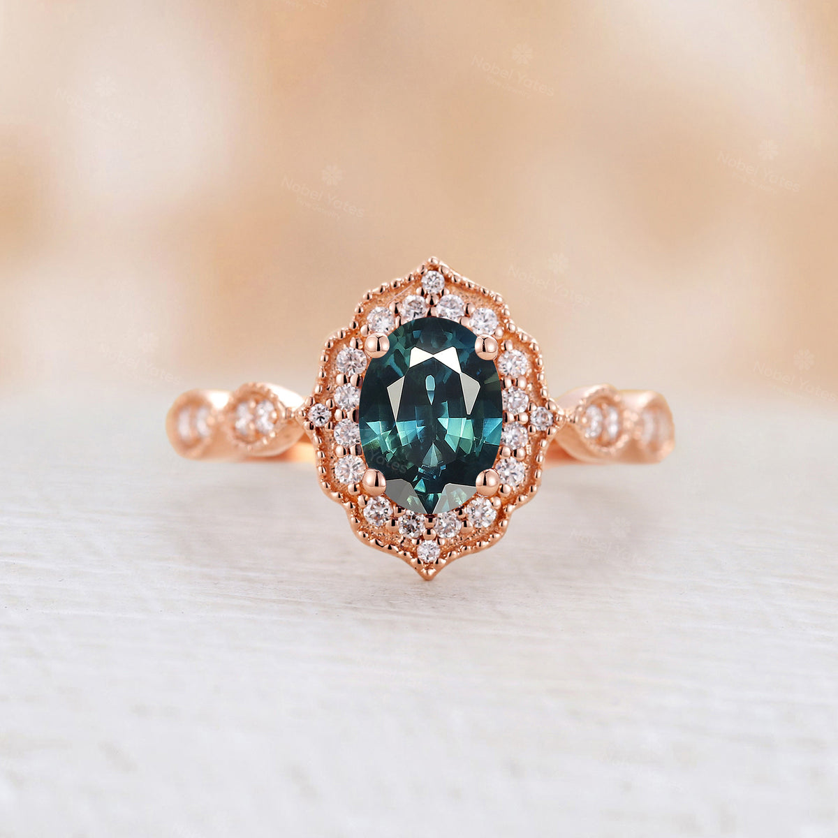 Rose Gold Teal Sapphire Vintage Milgrain Engagement Ring Diamond Halo