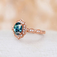 Rose Gold Teal Sapphire Vintage Milgrain Engagement Ring Diamond Halo