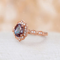 Vintage Oval Lab Alexandrite Milgrain Halo Bridal Set Rose Gold