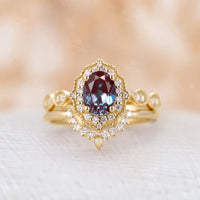 Vintage Oval Lab Alexandrite Milgrain Halo Bridal Set Rose Gold