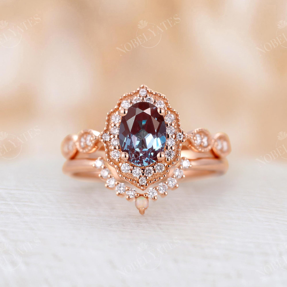 Vintage Oval Lab Alexandrite Milgrain Halo Bridal Set Rose Gold