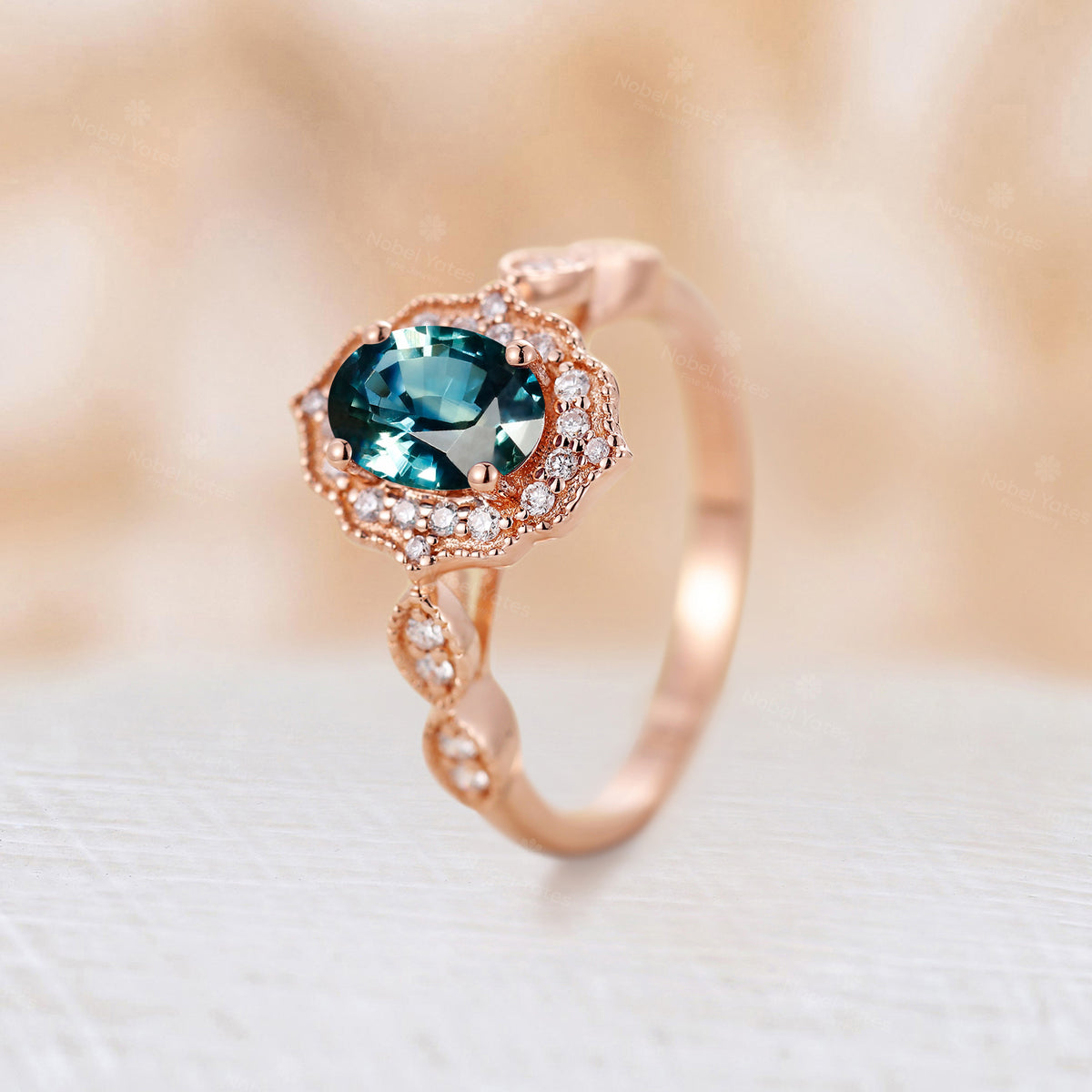 Rose Gold Teal Sapphire Vintage Milgrain Engagement Ring Diamond Halo