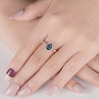 Rose Gold Teal Sapphire Vintage Milgrain Engagement Ring Diamond Halo