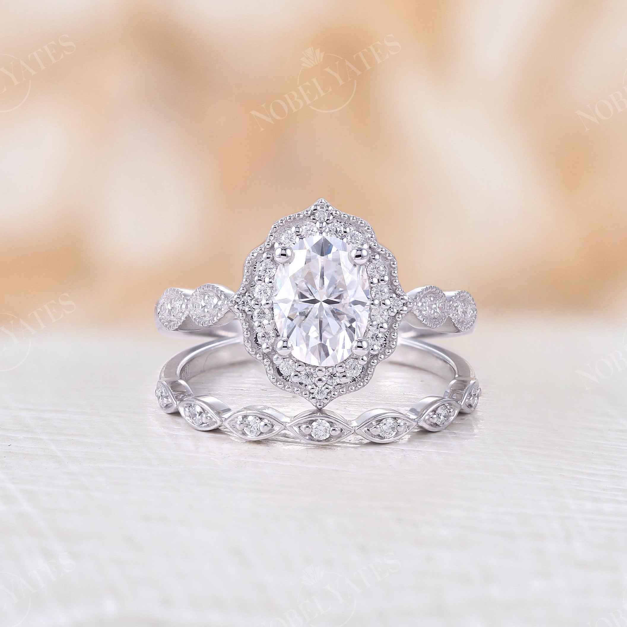 White Gold Vintage Pearl Bridal Ring Set VP10016S