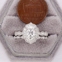 Vintage Oval Moissanite Milgrain Bridal Set White Gold