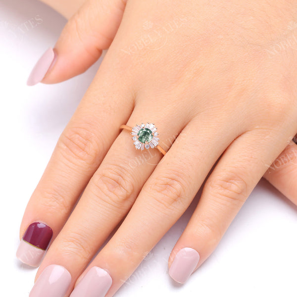 Moss Agate Art Deco Round Halo Engagement Ring Rose Gold
