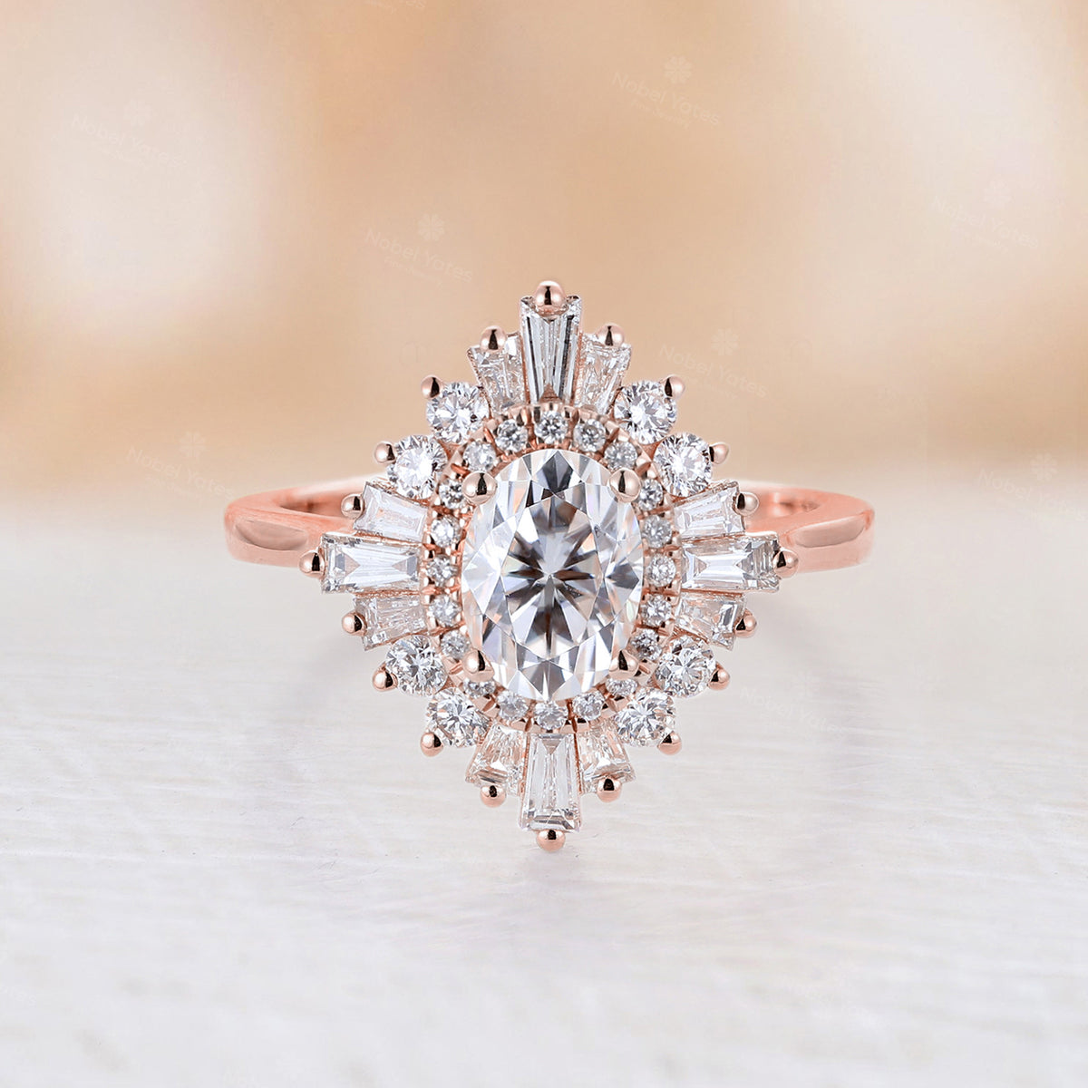 Art deco Oval Moissanite Starburst Halo Engagement Ring Yellow Gold