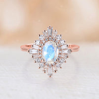 Oval Teal Sapphire Art Deco Engagement Ring Baguette Diamond Halo Ring