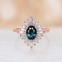 Oval Teal Sapphire Art Deco Engagement Ring Baguette Diamond Halo Ring