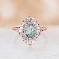 Oval Teal Sapphire Art Deco Engagement Ring Baguette Diamond Halo Ring