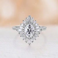 Art deco Oval Moissanite Starburst Halo Engagement Ring Yellow Gold