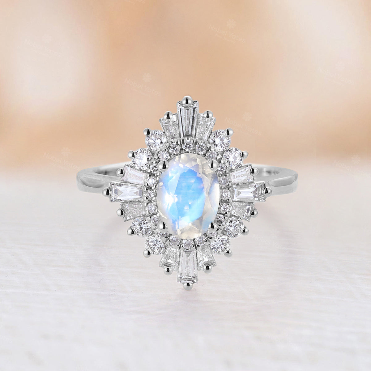 Art Deco Blue Moonstone Halo Engagement Ring Oval Shape Plain Rose Gold