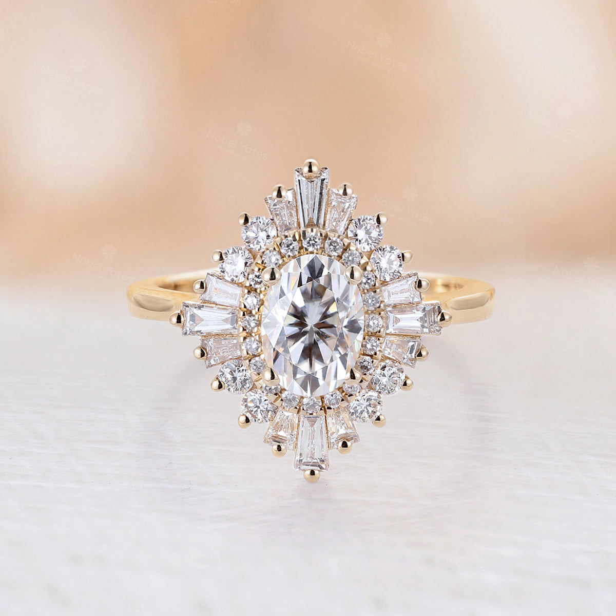 Art deco Oval Moissanite Starburst Halo Engagement Ring Yellow Gold