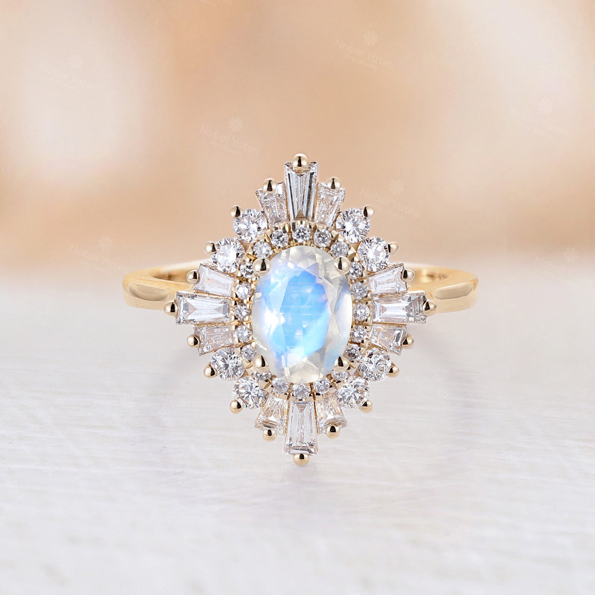 Oval Teal Sapphire Art Deco Engagement Ring Baguette Diamond Halo Ring