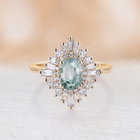 Art deco Oval Moissanite Starburst Halo Engagement Ring Yellow Gold