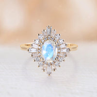 Art Deco Blue Moonstone Halo Engagement Ring Oval Shape Plain Rose Gold