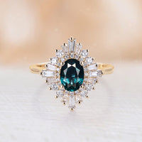 Oval Teal Sapphire Art Deco Engagement Ring Baguette Diamond Halo Ring