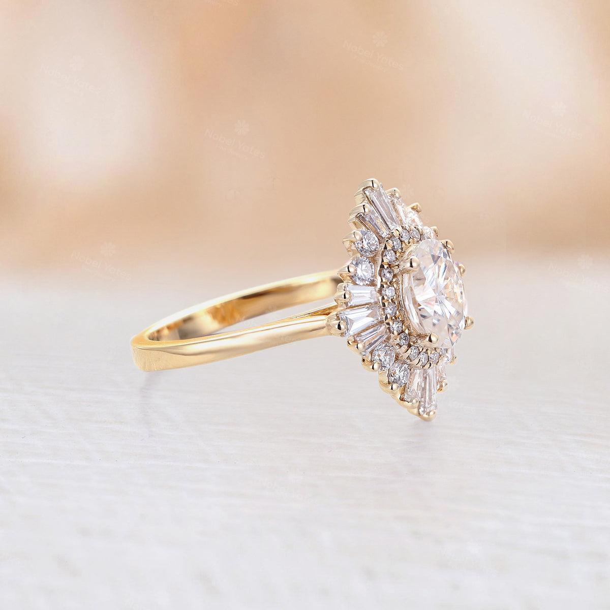 Art deco Oval Moissanite Starburst Halo Engagement Ring Yellow Gold