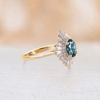 Oval Teal Sapphire Art Deco Engagement Ring Baguette Diamond Halo Ring