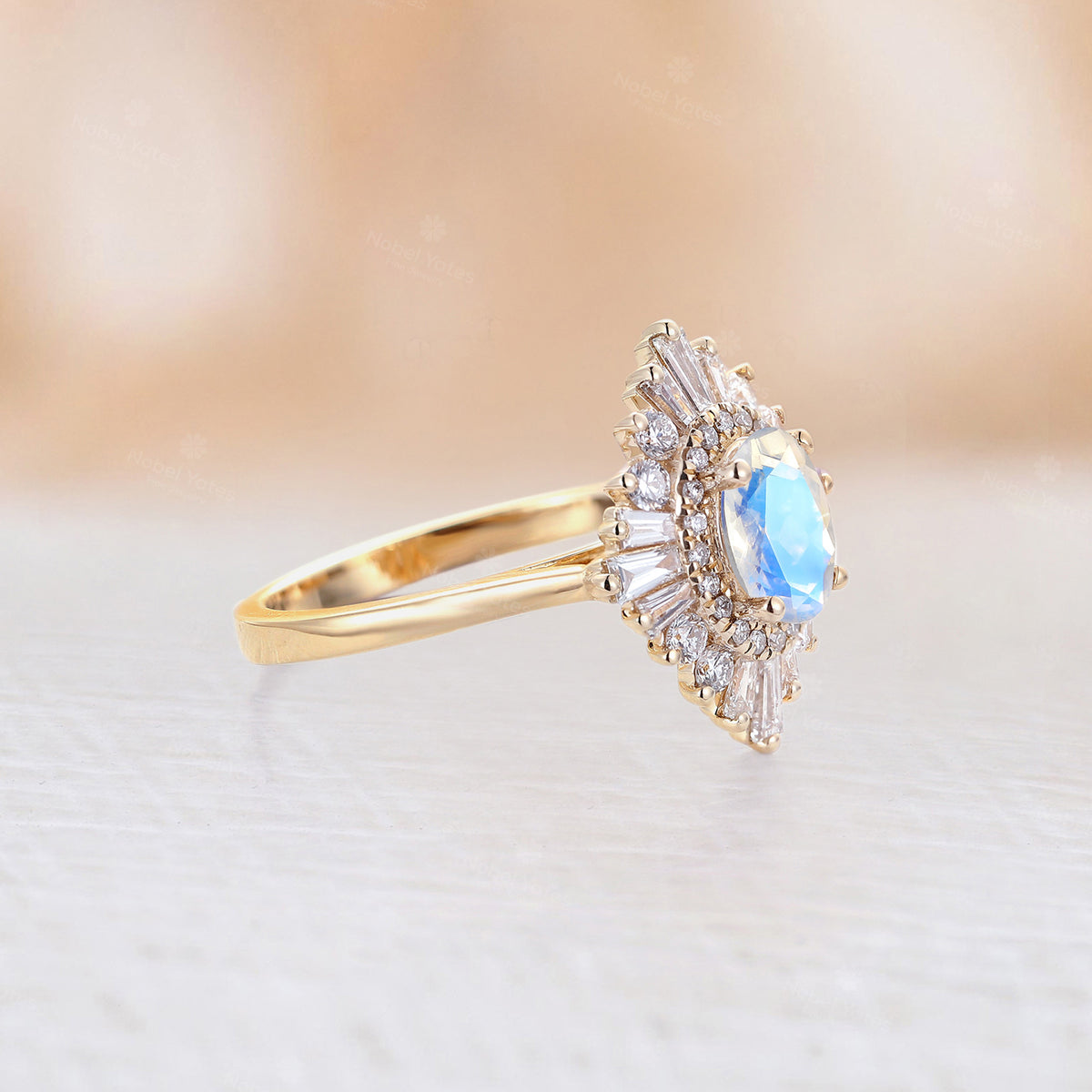 Art Deco Blue Moonstone Halo Engagement Ring Oval Shape Plain Rose Gold