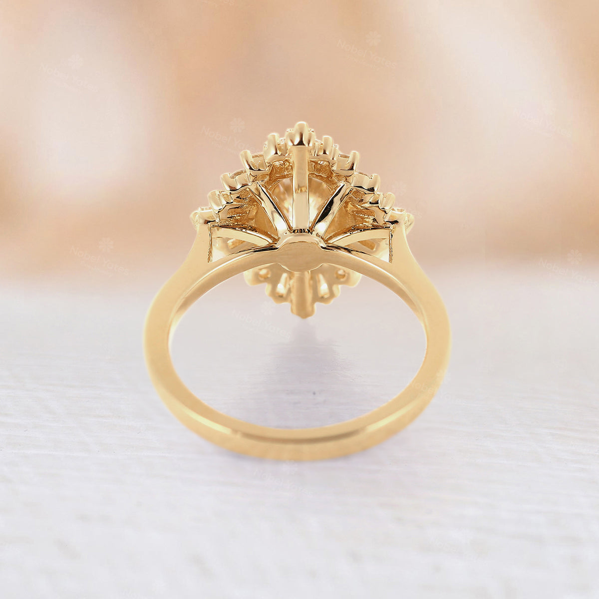 Art deco Oval Moissanite Starburst Halo Engagement Ring Yellow Gold