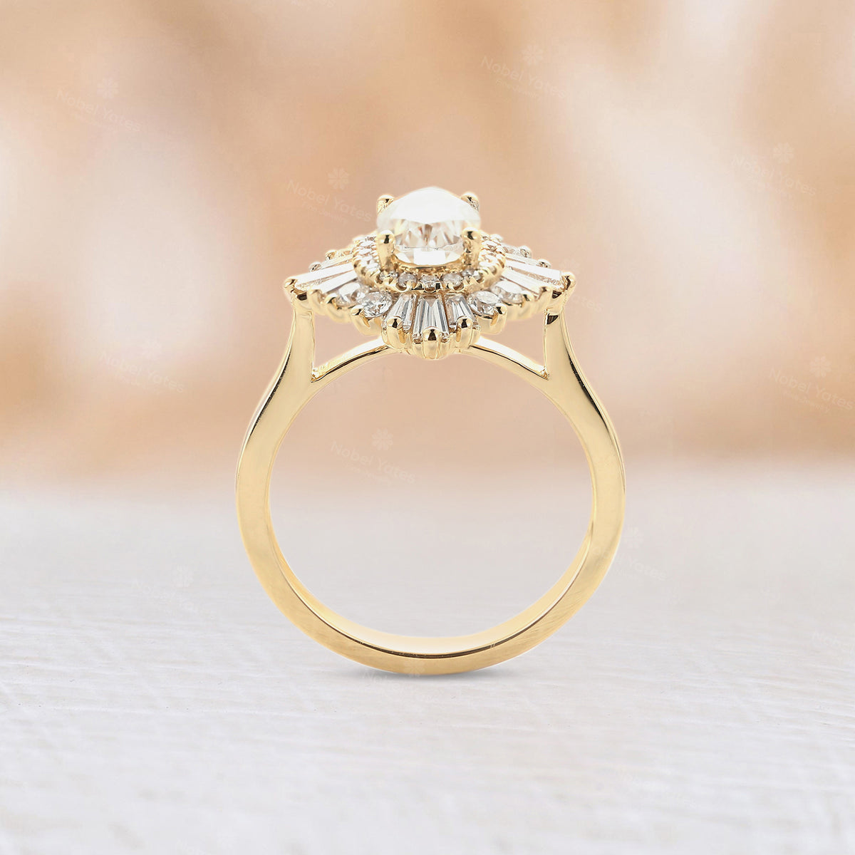 Art deco Oval Moissanite Starburst Halo Engagement Ring Yellow Gold